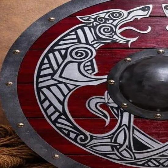 Viking Red Round Shield with Twin Wolves Handmade Norse Wooden Shield 60.96 Cm Nordic Wall Decor LARP Cosplay Gear Medieval Warrior Prop