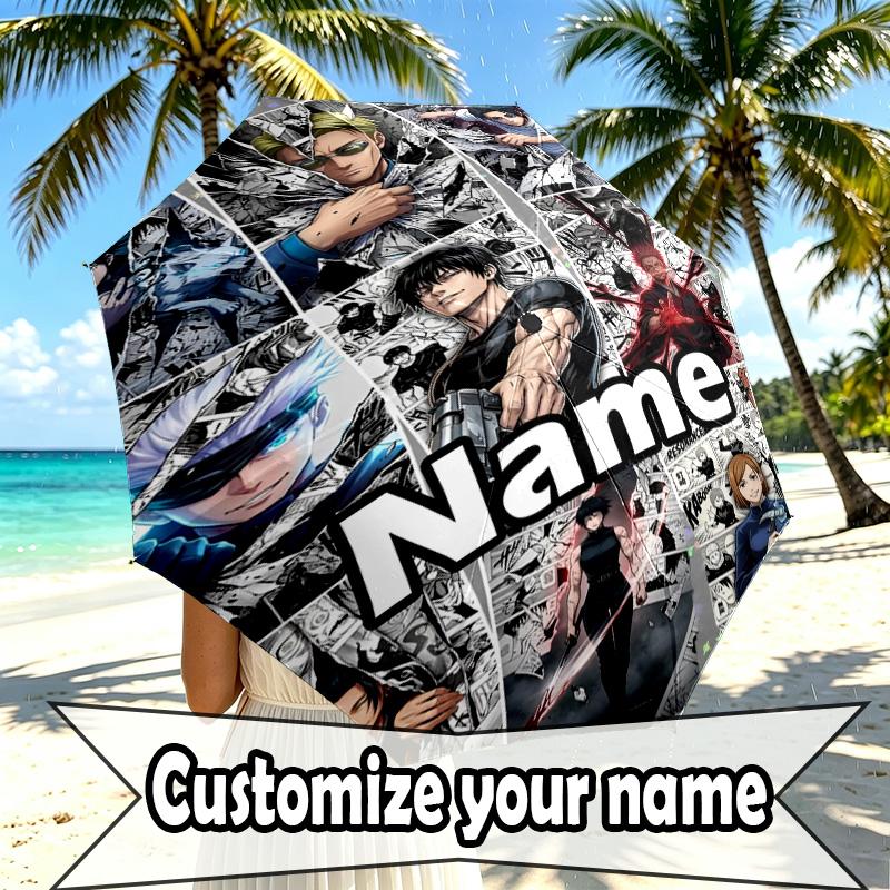 Custom Name Personalized Jujutsu Kaisen Print Umbrella, Auto Open Close, 8‑Rib Sturdy Frame, Commute Camping Hiking Use, Birthday Gift