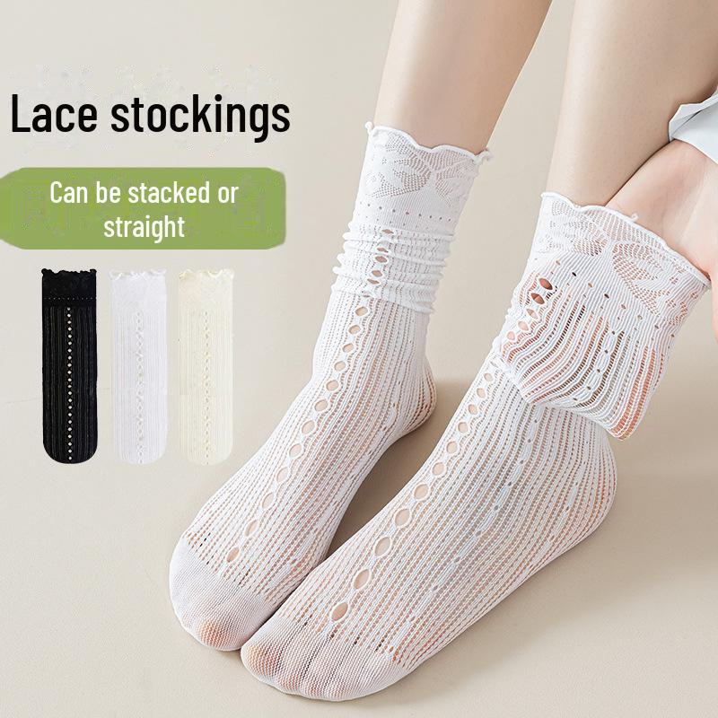 Women's Cute Lace Mary Jane Socks - Medium Tube, Calf-Length, Thin, Sweet, Summer Style.