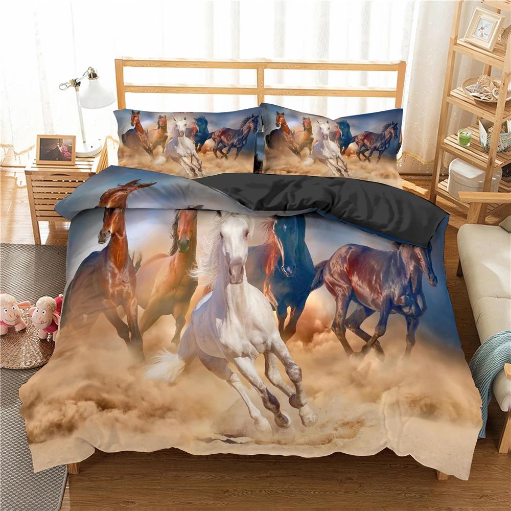 3D Pferd Bettbezug Full,Pferd Schwarzweiß Bettwäscheset für Jungen Mädchen Teenager Pferde Tiere Laufen im Schnee Bettdeckenbezug Set