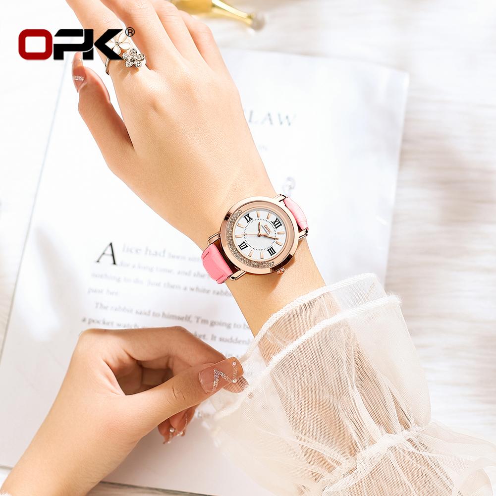 OPK 8611 Fashion Quartz Watch for Lady Diamond Bezel Leather Strap Waterproof Luminous Original Women's Dress Wristwatch