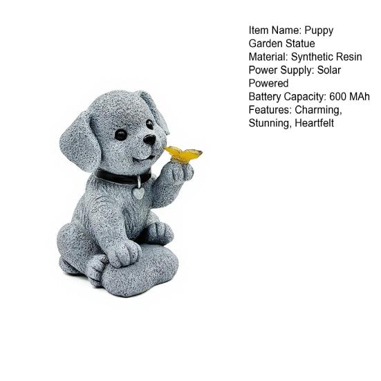 Garden Dog Statue with Solar Butterfly Light Small Resin Puppy Sculpture Outdoor Waterproof Solar Powered Animal Figurine for Yard Patio Lawn