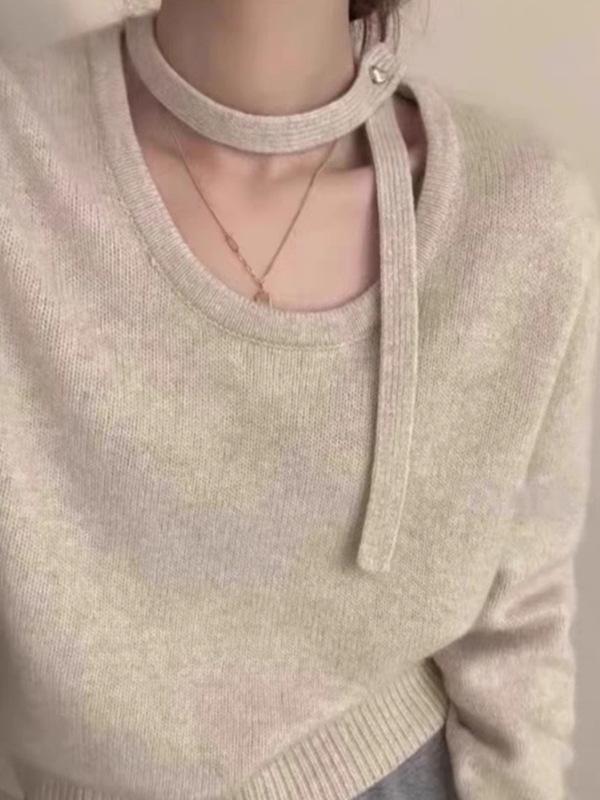 Women's Korean Style Ribbon Halterneck Wool Sweater – Elegant Round Neck Base Layer