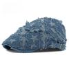 Vintage Star Print Distressed Denim Beret for Men Women Frayed Edge Streetwear Flat Cap Retro Newsboy Hat Adjustable Peaked Cap Individual Style