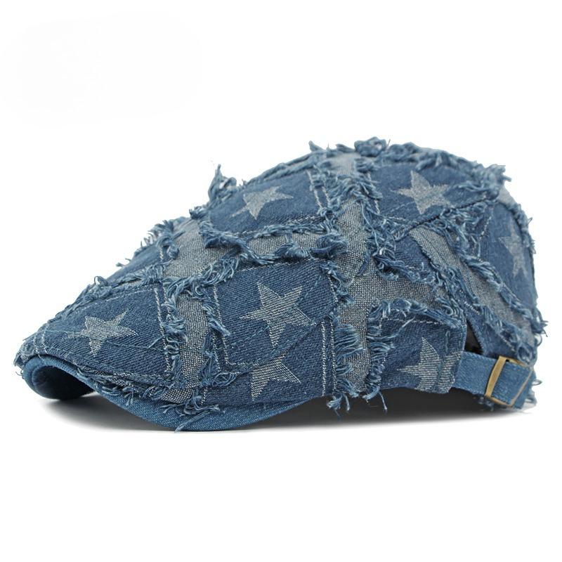 Vintage Star Print Distressed Denim Beret for Men Women Frayed Edge Streetwear Flat Cap Retro Newsboy Hat Adjustable Peaked Cap Individual Style