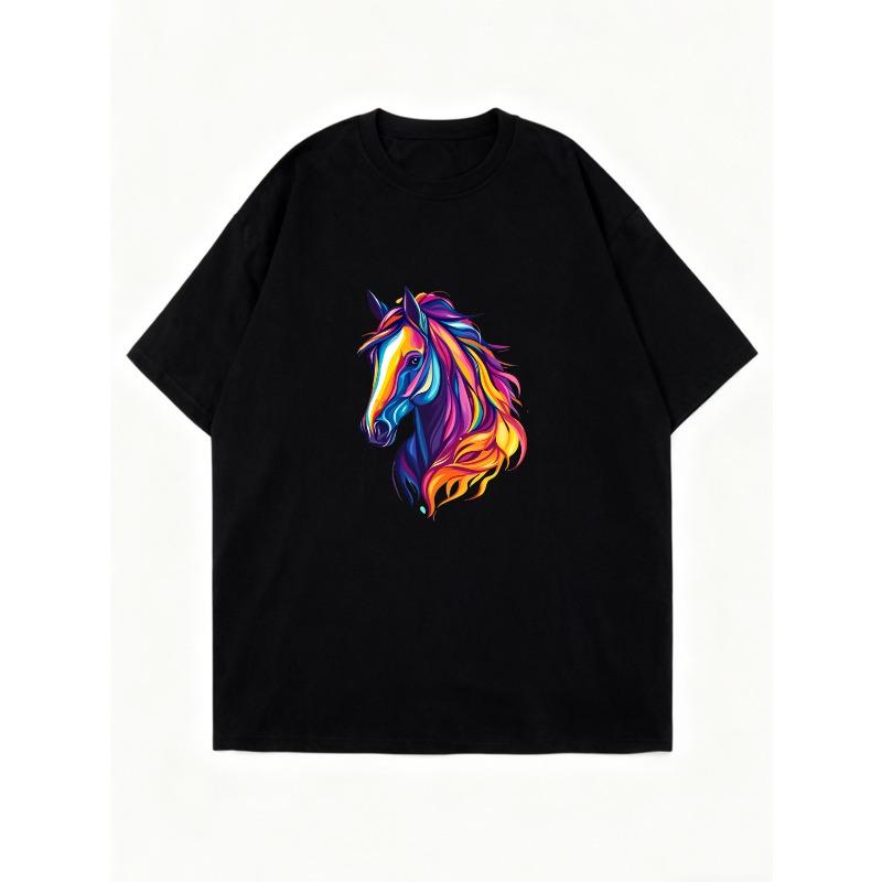 Oversized T Shirt Dress Black Colorful Horse Head Print Casual Wear For Women Summer Fashion Statement Piece Street Style Outfit