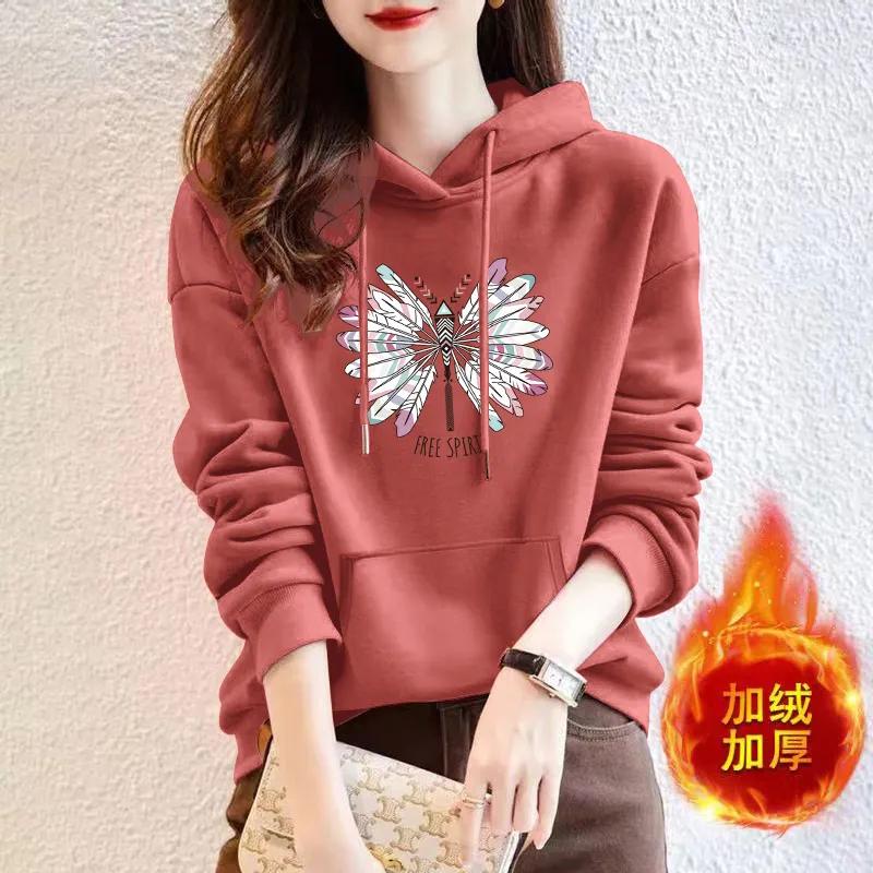 Hooded Sweatshirt Women's New Korean Loose Autumn Winter Casual All-match Velvet Bottoming Shirt Top Jacket