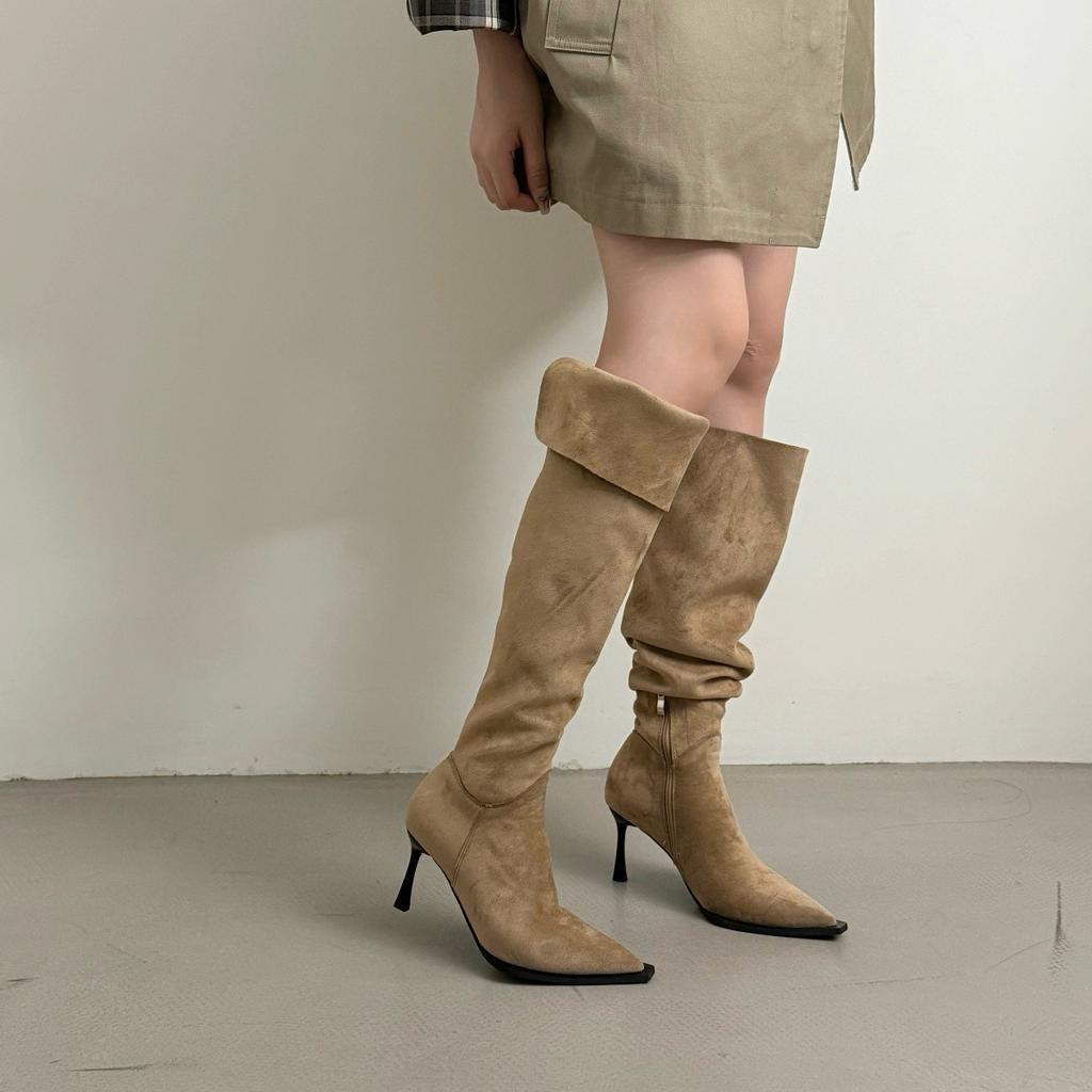 New products in the year, two-wear Korean version of pointed suede folding stiletto over the knee boots, versatile side zipper boots