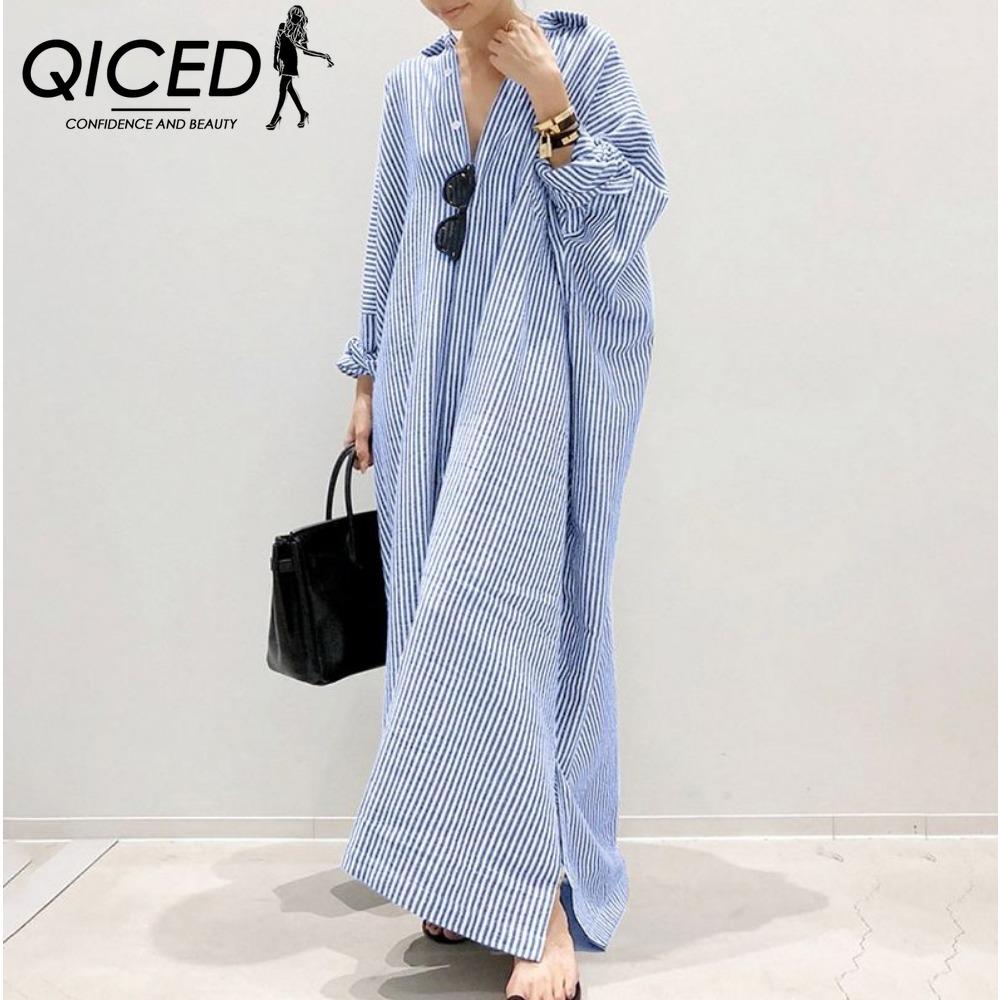 

QICED Женское повседневное платье-макси рубашечного кроя в корейском стиле с длинным рукавом на пуговицах в полоску XXXXXL