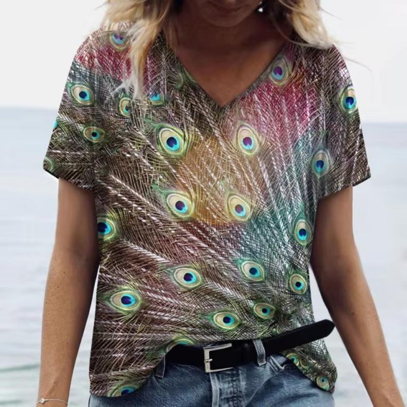 Summer V Neck Women T-Shirts 3D Print Peacock Feather Graphic Fashion Short Sleeve Harajuku Y2k Top Oversized Casual Female T Shirt