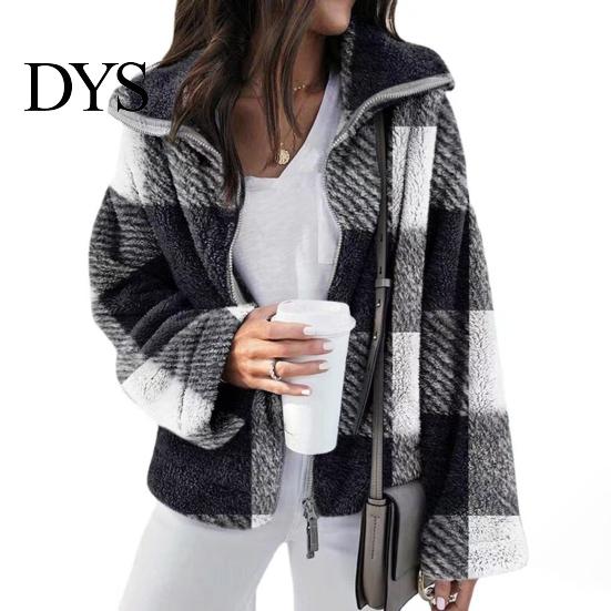 Soft Women Jacket Coat Lapel Long Sleeve Plaid Pattern Loose Fit Zipper Placket Double-Sided Plush Fabric