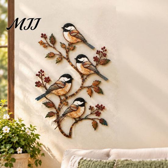 Unique Outdoor Yard Decorations Metal Bird Wall Decor, Red & Chickadee Sculpture with Branches and Gifts for Garden Lovers Berries, 2D Iron