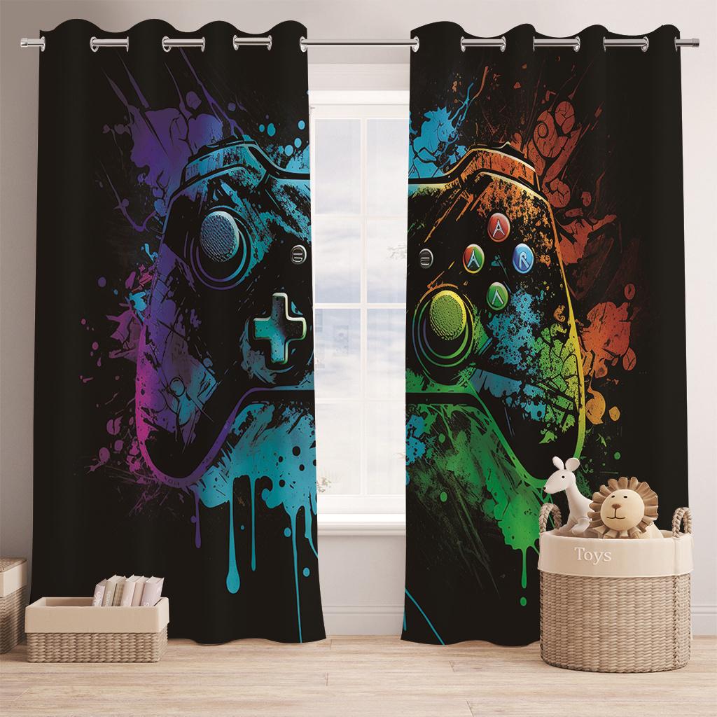Jongens houden van de Gamecontroller Gordijnen Cool Blauw Geel Gordijnen Kinderkamers Slaapkamer Woonkamer Raamdecoratie Gordijnen 100W130H(CM)40x51in&Grommet Top