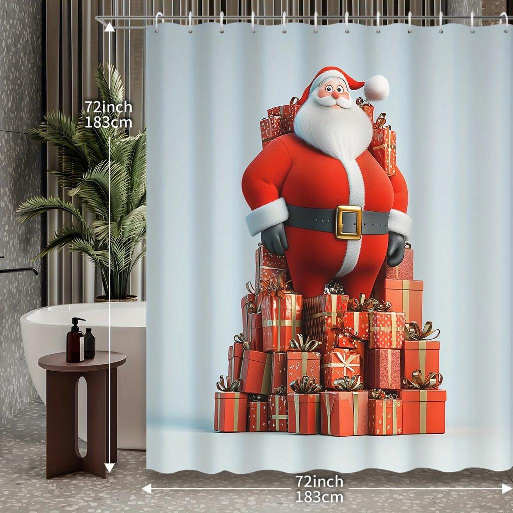 GAE1pc Christmas Winter Decoration Mini Three-Dimensional Santa Claus A Pile of Gift Boxes Printed Shower Curtains, Contains
