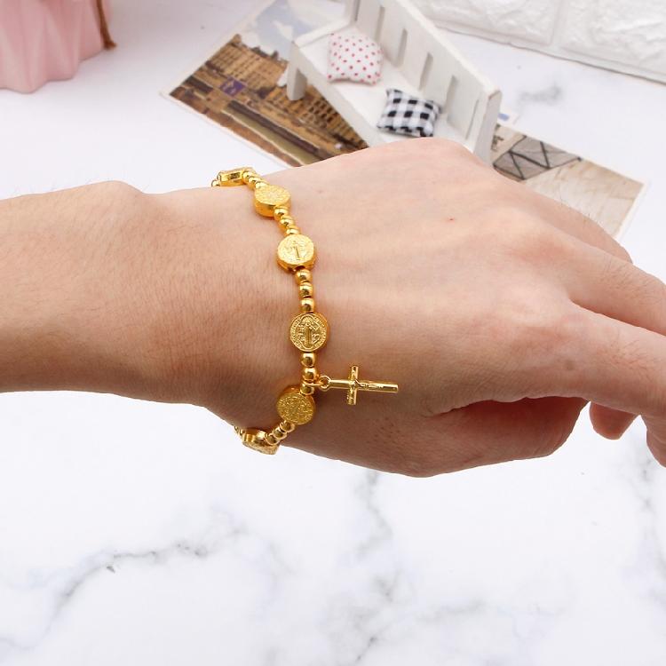 Unisex Christian Jesus Crucifix Crucifix Rosary Bead Pendant Bracelet Gold Brac