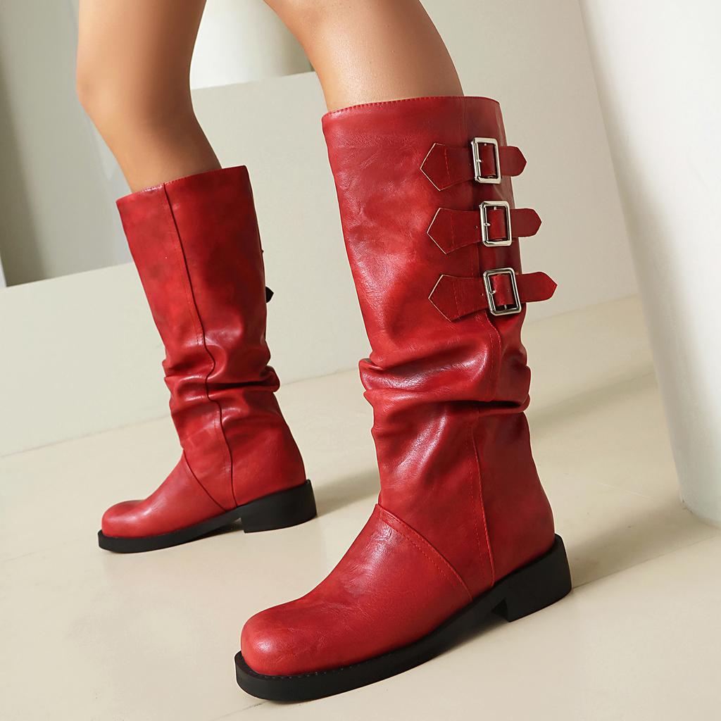 Moto Style Cool Slouch Tall Boots Women Knee High Booties Fit Super Comfy Platform Flat Shoes Winter for Cold Minnesota Weather