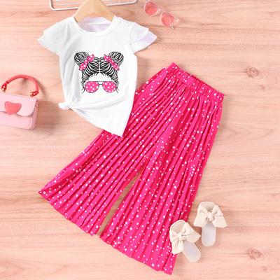 Girls Summer Clothing New Cartoon Short Sleeve White Tshirt + Wide-leg Pleated Pants Casual 2pcs Set Children Fashion Suit