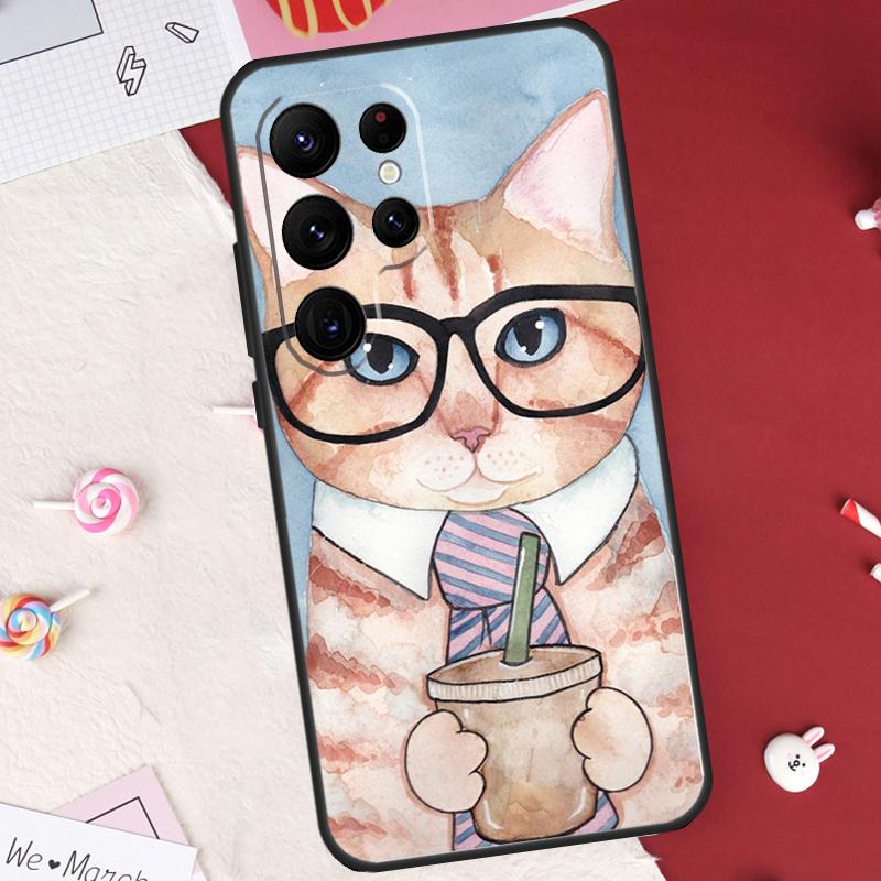 Cute Coffee Milk Cat Case For Samsung Galaxy S25 FE S23 FE S20 S21 S22 S24 S25 S26 Ultra S10 S25 Plus Cover Shell