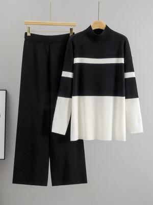 Europejski Modny Sweter w Paski i Szerokie Spodnie Zestaw dla Kobiet - Jesień/Zima Moda Dwuczęściowy
