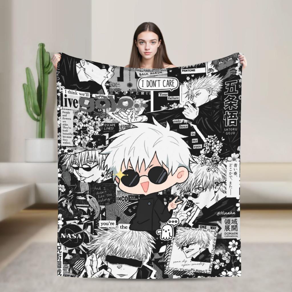 Warm Soft Blankets Camping Jujutsu Kaisen Gojo Satoru Chibi Character Bedding Throws Flannel Bedspread For Couch Bed Bed Cover