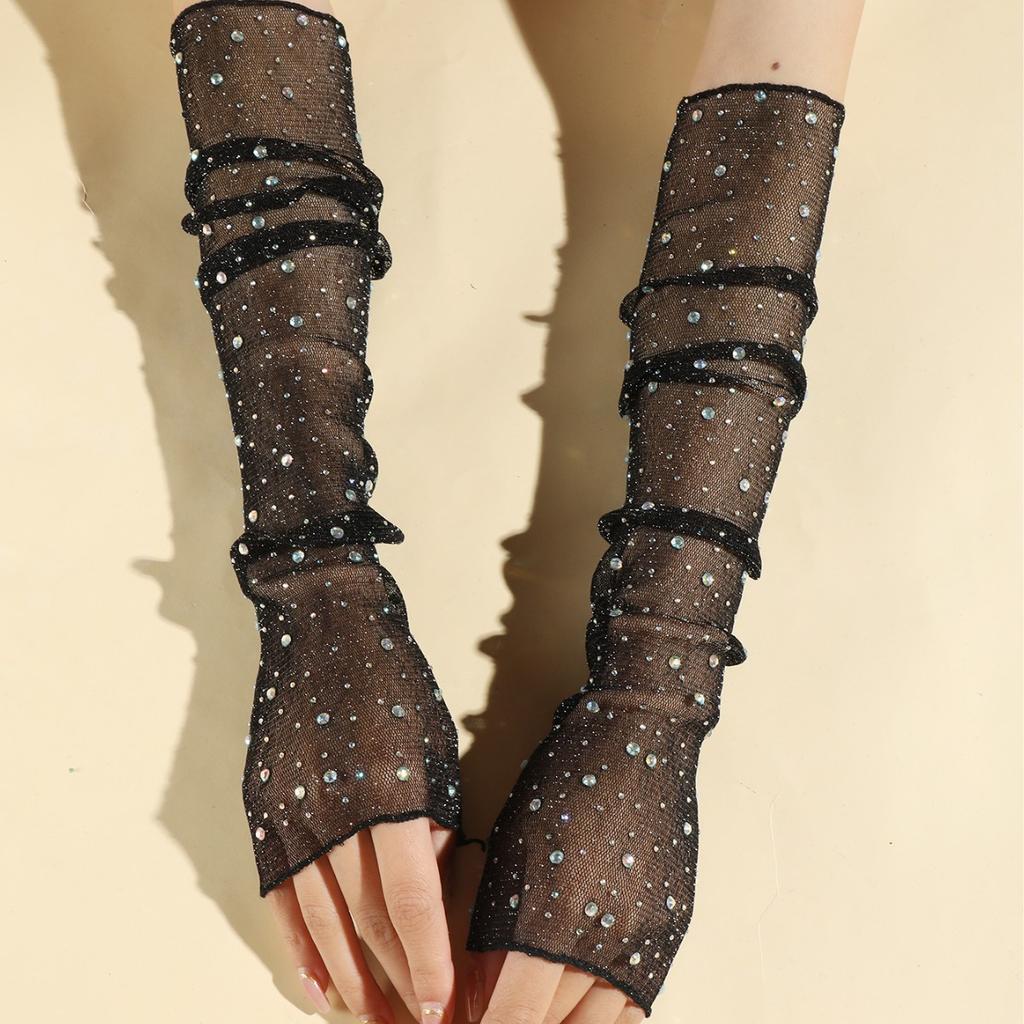 Women's Fashion Long Lace UV Protection Arm Sleeves Thin Breathable Mesh Sun Protection Outdoor Ice Silk Half-Sleeve Open-Finger Rhinestone Gloves