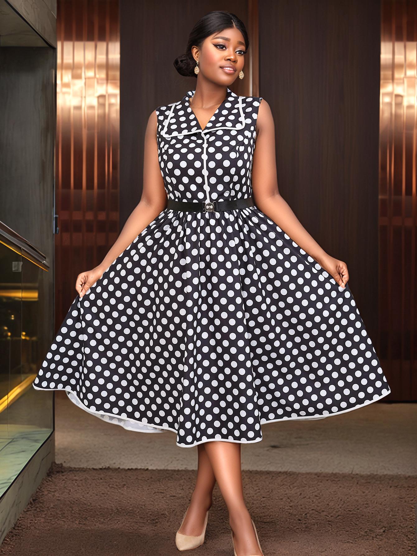 

AOMEI Платье А-силуэта без рукавов в горошек с отложным воротником, повседневные наряды для выхода в свет, элегантное летнее платье для гостьи на свадьбе для женщин 3XL чёрный