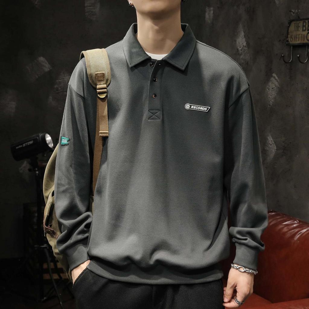 Men's White Chinese Cotton Polo Sweater: Long Sleeve, Velvet-Lined, Autumn/Winter.