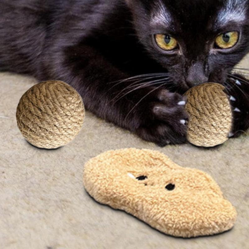 Cat Ball Interactive Toy Pet Squeaky Chewing Ball Wear-resistant Cat Scratcher Ball Cute Sisal Ball Bite-Resistant Sound Toy Set