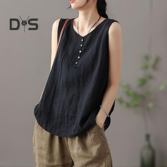 Dámská letní vesta s kulatým výstřihem, bez rukávů, s knoflíkovou ozdobou, tílka jednobarevná, volného střihu, tenká, tílko, streetové oblečení