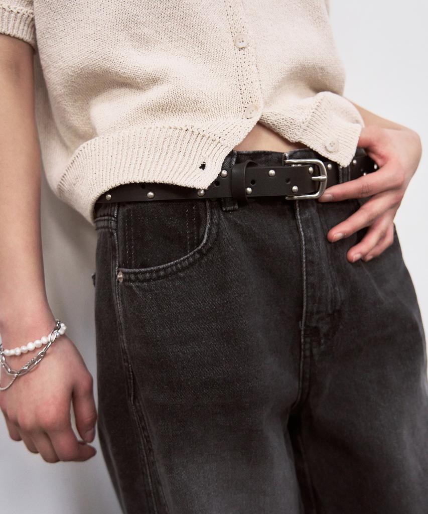 SIS A Studded Slim Cow Leather Belt [Black]