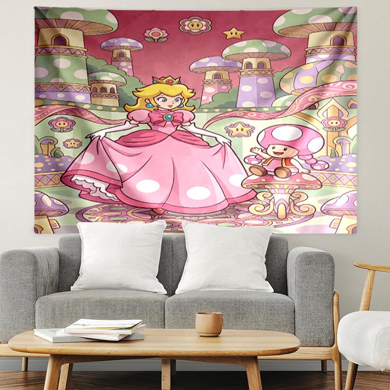 Princess Peach Toadstool Print Tapestry, Lightweight Wall Hanging, for Bedroom, Dorm, Living Room, Home Art Decor, Birthday Christmas Gift for Friends