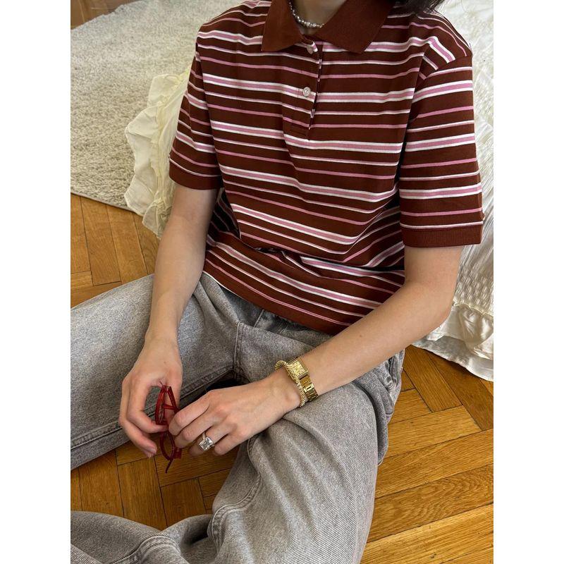 Western Style Fashion Casual Loose Stripe Short T-shirt Polo Shirt Fashion Striped Polo Shirt