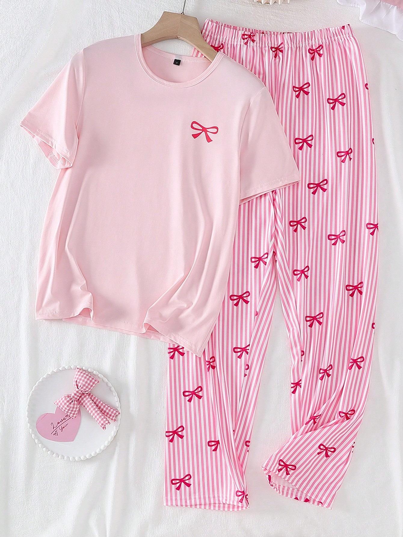 

Spring Pink Bow Round Neck Short Sleeve Pajama Set for Women, 2pcs Striped Bowknot Pants, Ultra-Soft Stretchy Sleepwear S розовый