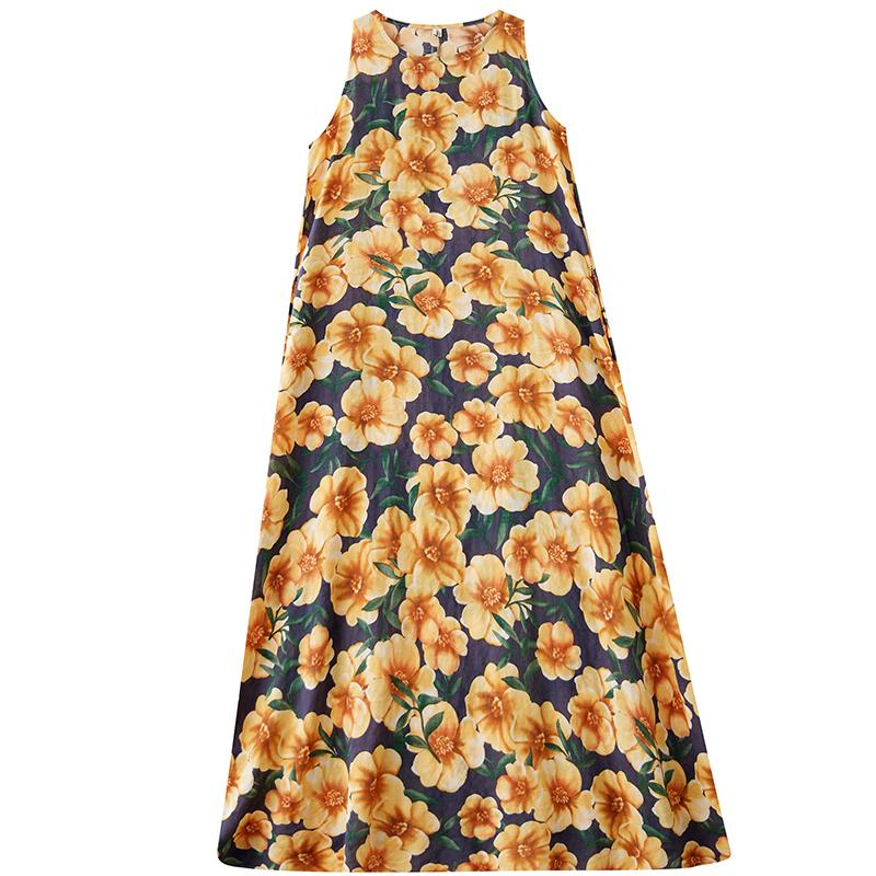 DIMANAF 2025 Women Linen Summer Flower print Dress Casual Ladies Basic Long Dress  8132