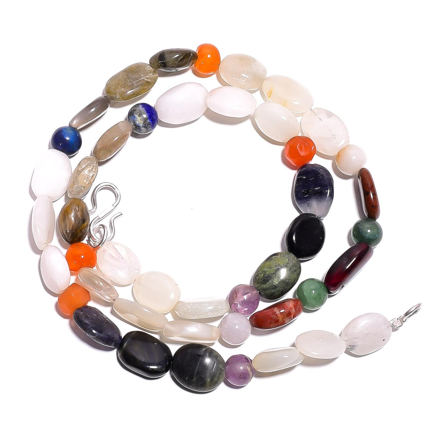 

Natural Moonstone Carnelian Amethyst Gemstone Smooth Beads Necklace 17 UB-4688 UB-4688