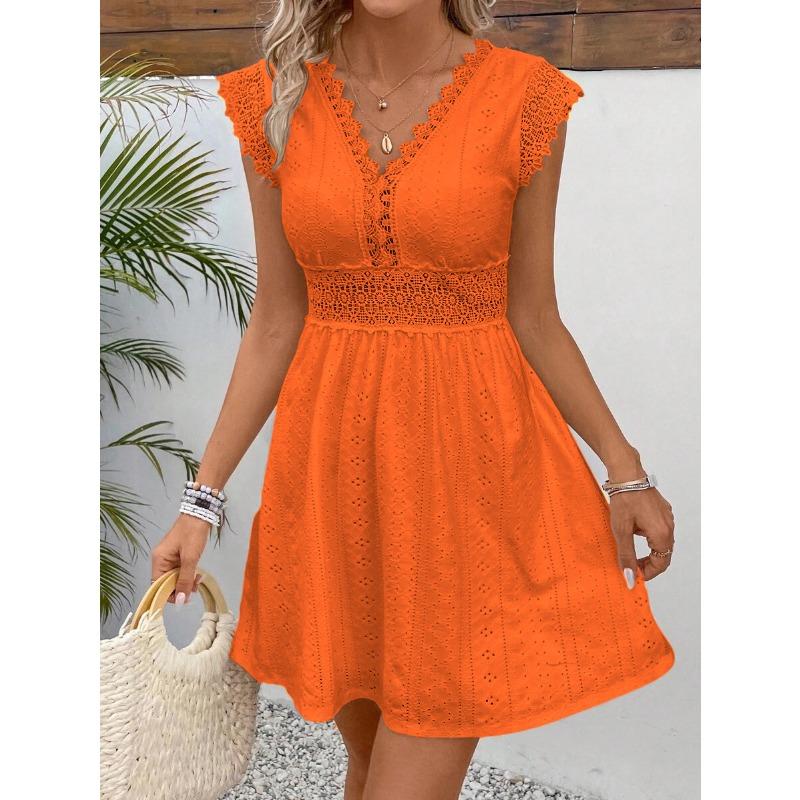 Spot - European and American Summer Popular Lace Splicing V-neck Shoulder Ruffle Edge Sleeveless Dress