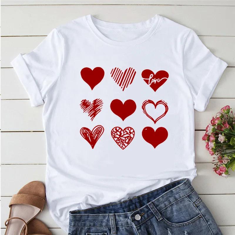 

Women s Casual Crew Neck T-Shirt with Geometric Heart Design Short Sleeve Red Casual Tees Top S
