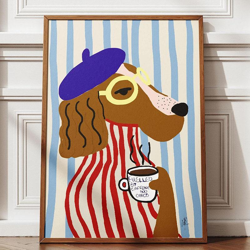 

1pc Funny Lovely Dog Wall Art Print Retro Cute Dog Illustration Bathroom Living Room Bedroom Kitchen Decor 21cm×30cm NoFrame