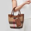 Aidrani Genuine Leather Canvas Bag Plaid Pattern Women's Handbag Fashion Design Cowhide Bag Basket Shaped Brown Color