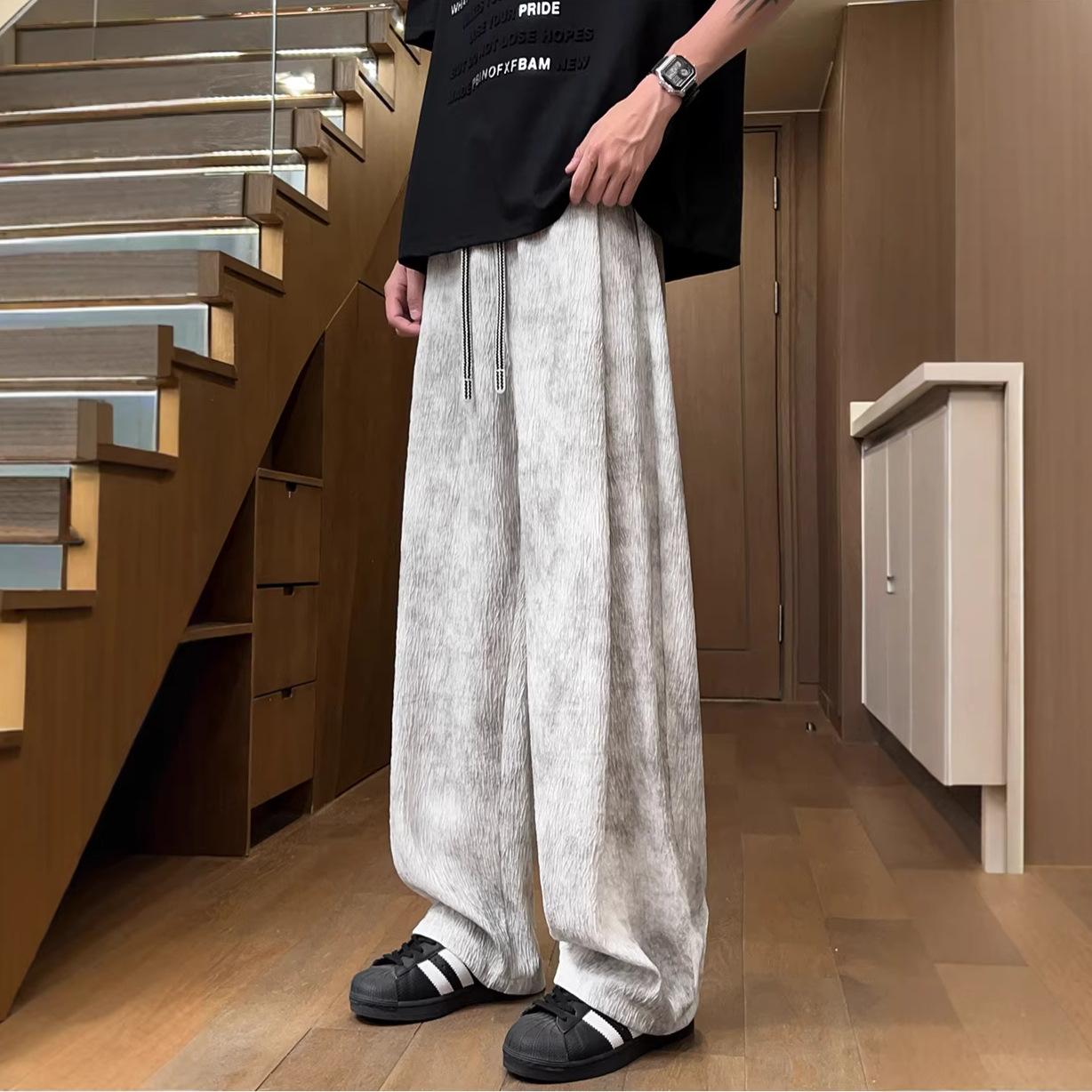 New Summer Loose Wide-Leg Casual Dirty Pants for Men, Soft and Breathable Tie-Waist Trousers M белый