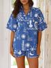 Casual Loose Women's Lapel Neck Short Sleeve Button Down Shirt Elastic Waist Shorts 2 Piece Summer Holiday Set