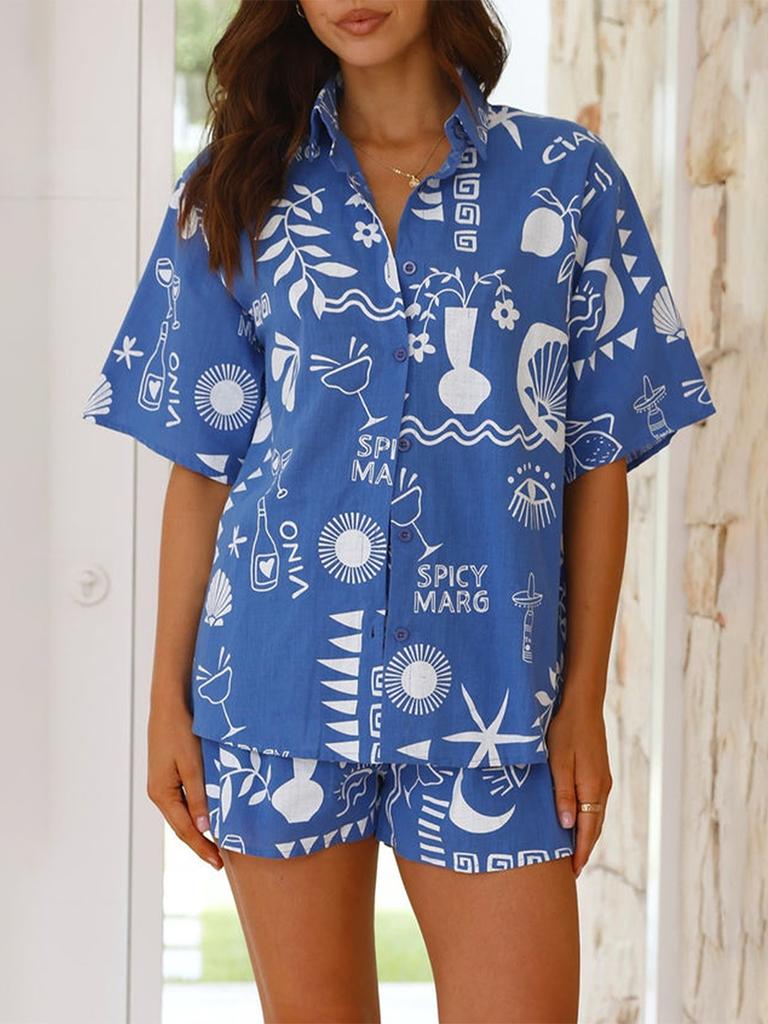 Casual Loose Women's Lapel Neck Short Sleeve Button Down Shirt Elastic Waist Shorts 2 Piece Summer Holiday Set