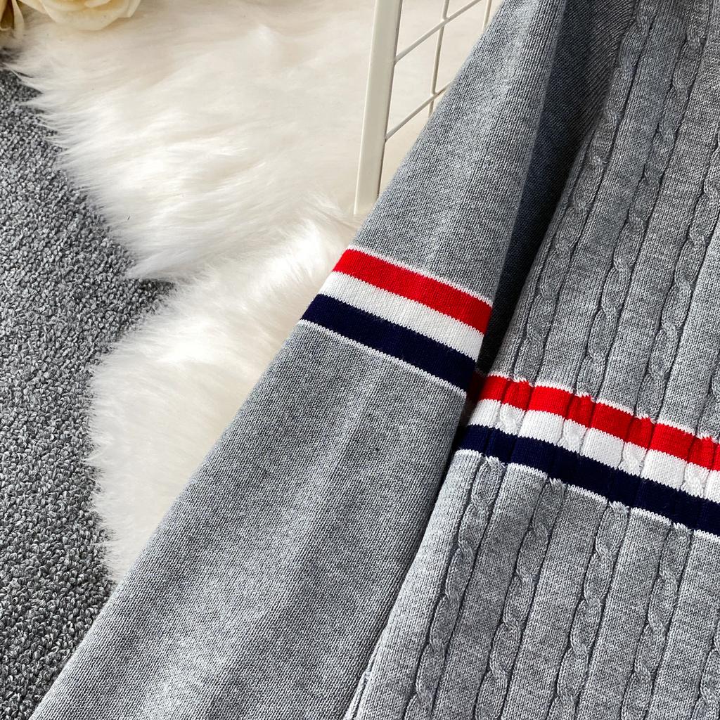 Faionable Knitted Embroidered Striped Set High Waist Wide Leg Pants Zipper Jaet for Women Autumn Season Casual Wear