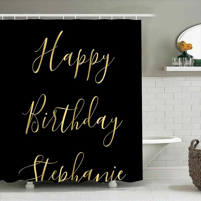 Customizable Happy Birthday Shower Curtain Name Shown In Elegant Gold Lettering On Black Background Perfect For Bat