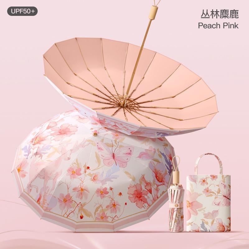 Spot three-fold retro color glue printed 16-bone parasol female weather and rain dual-purpose anti-ultraviolet folding sun umbrella