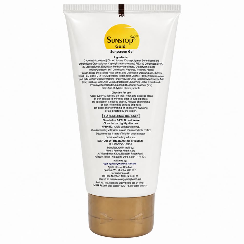 Sunstop Gold Sunscreen Gel SPF 55 PA+++ | Broad Spectrum | Waterproof | Matte-finish Sunscreen | Gel-Based | Dermatologically Tested | Non-comedoge