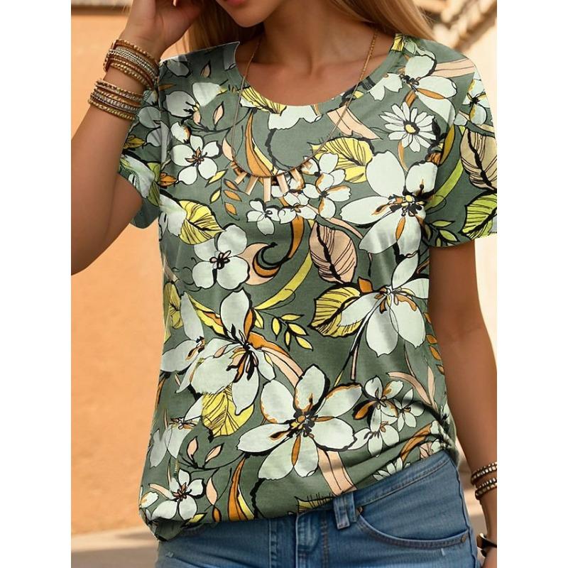Women's Summer Simple Round Neck Women's Short Sleeved Shirt Casual Loose 3D Flower Print Shirt