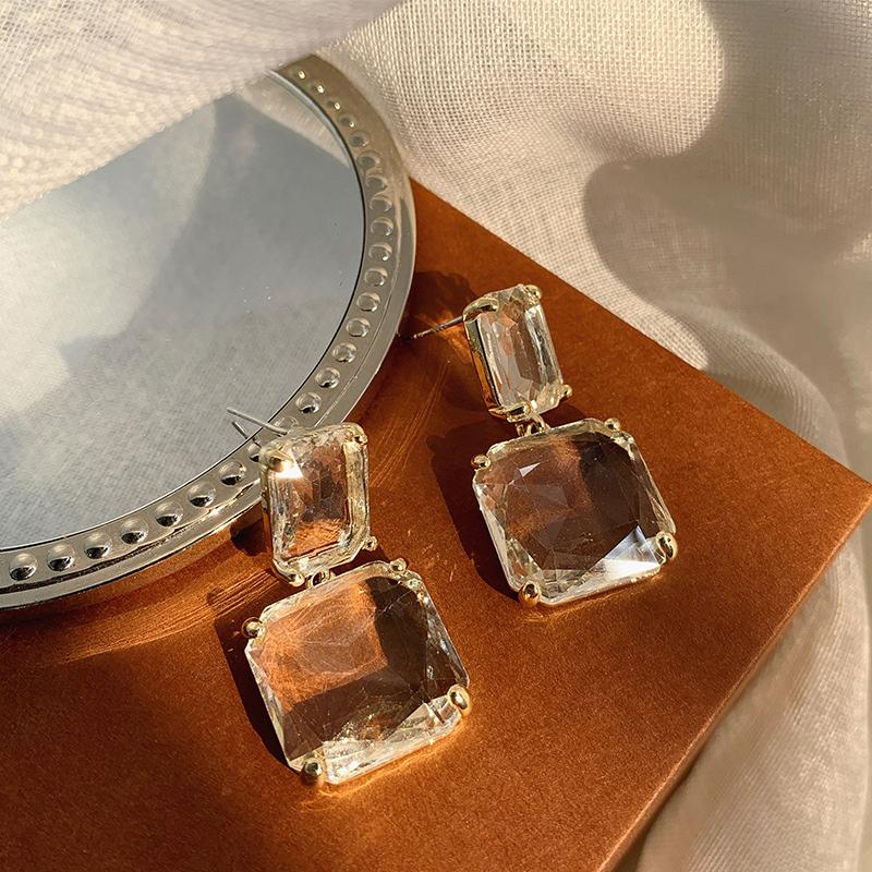 Vintage Transparent Square Glass Crystal Pendant Earring for Women Korean Fashion Zircon Wedding Party Elegance Accessories