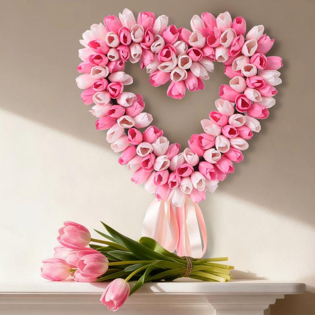 Heart Shaped Wreath Spring Summer Artificial Flowers Wreath for Festival Front Door Window Wall Decor Pink
