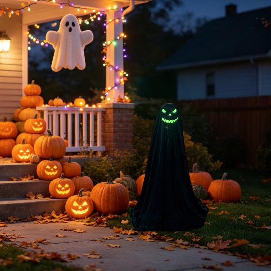 Halloween Ghost Decoration for Outdoor, Large Light Up Standing Ghost, Adjustable Spooky Black Ghost Decor for Porch, Yard Lawn